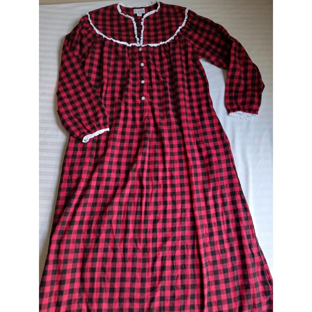 Lanz Of Salzburg Nightgown Medium Flannel Buffalo Plaid Cottage Pockets Cotton